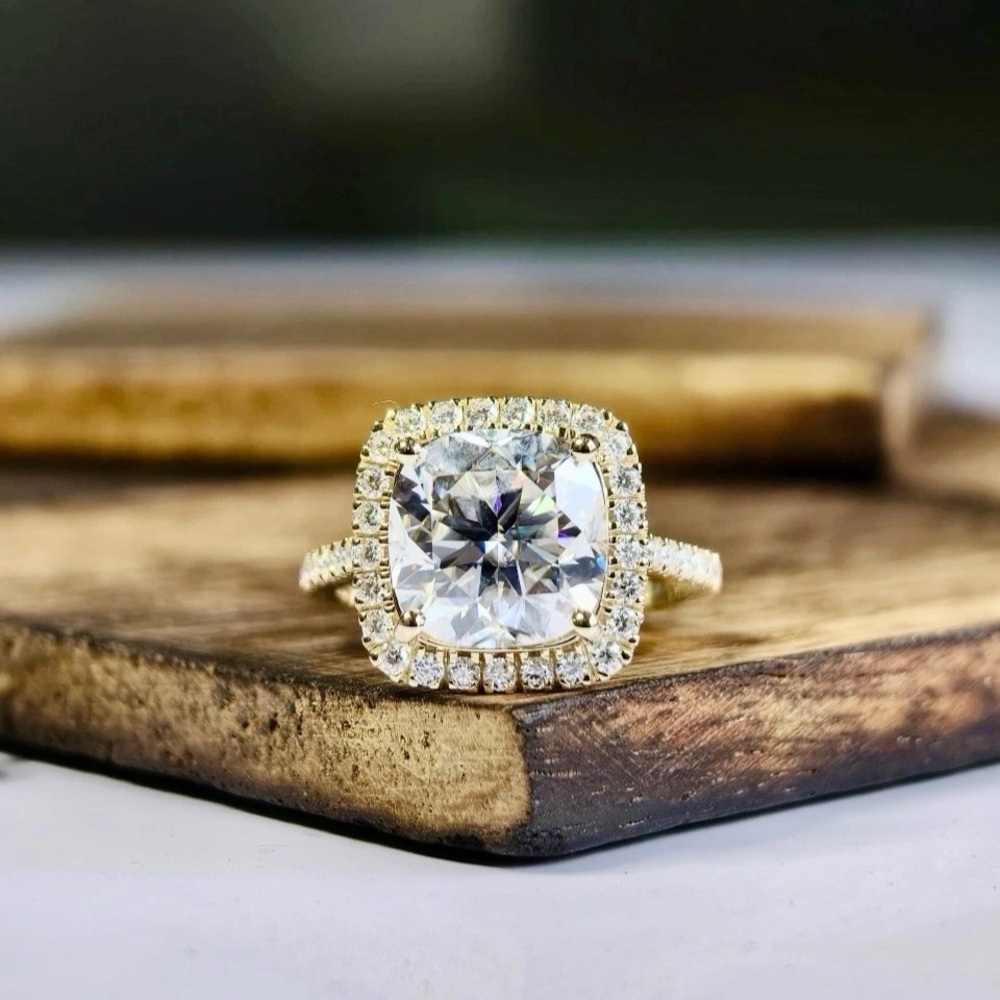 4.5 Carat 10mm Cushion Cut Moissanite Halo Ring in 10K Solid Yellow Gold VVSI 1